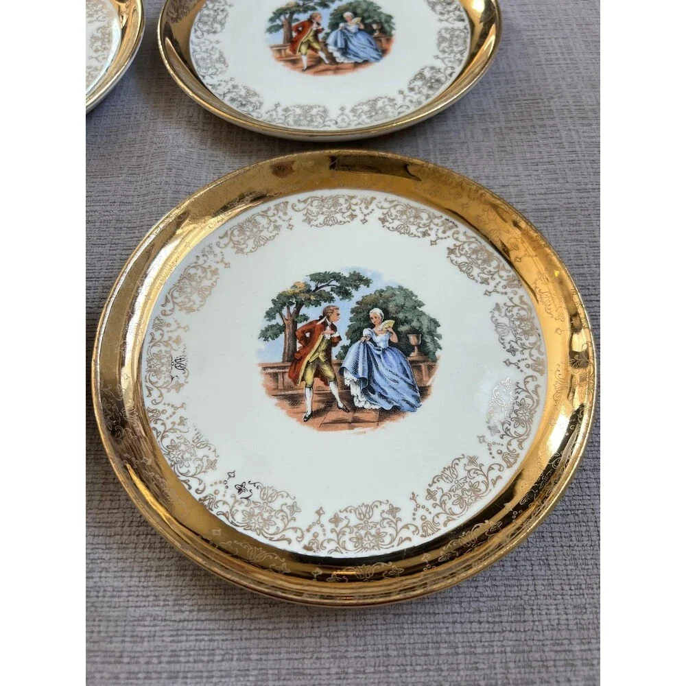 Vintage Sabin Crest-O-Gold Dessert Plates Set Of 4 Courting Couple 22K Gold